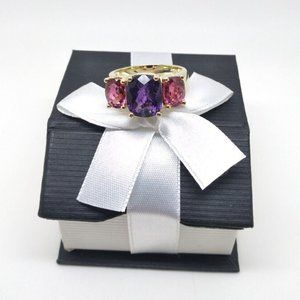 14K YELLOW GOLD AMETHYST & SAPPHIRES RING - 1 AMETHYST 2 PINK SAPPHIRES SIZE 8.5